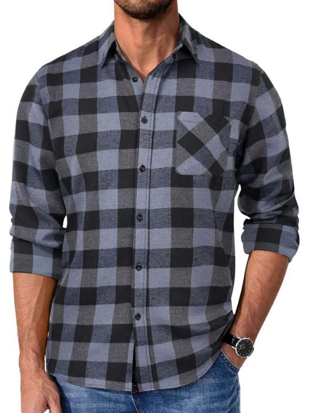 Men's Grey Polyester Blend Long Sleeve Plaid Casual Flannel Button Down Shirt